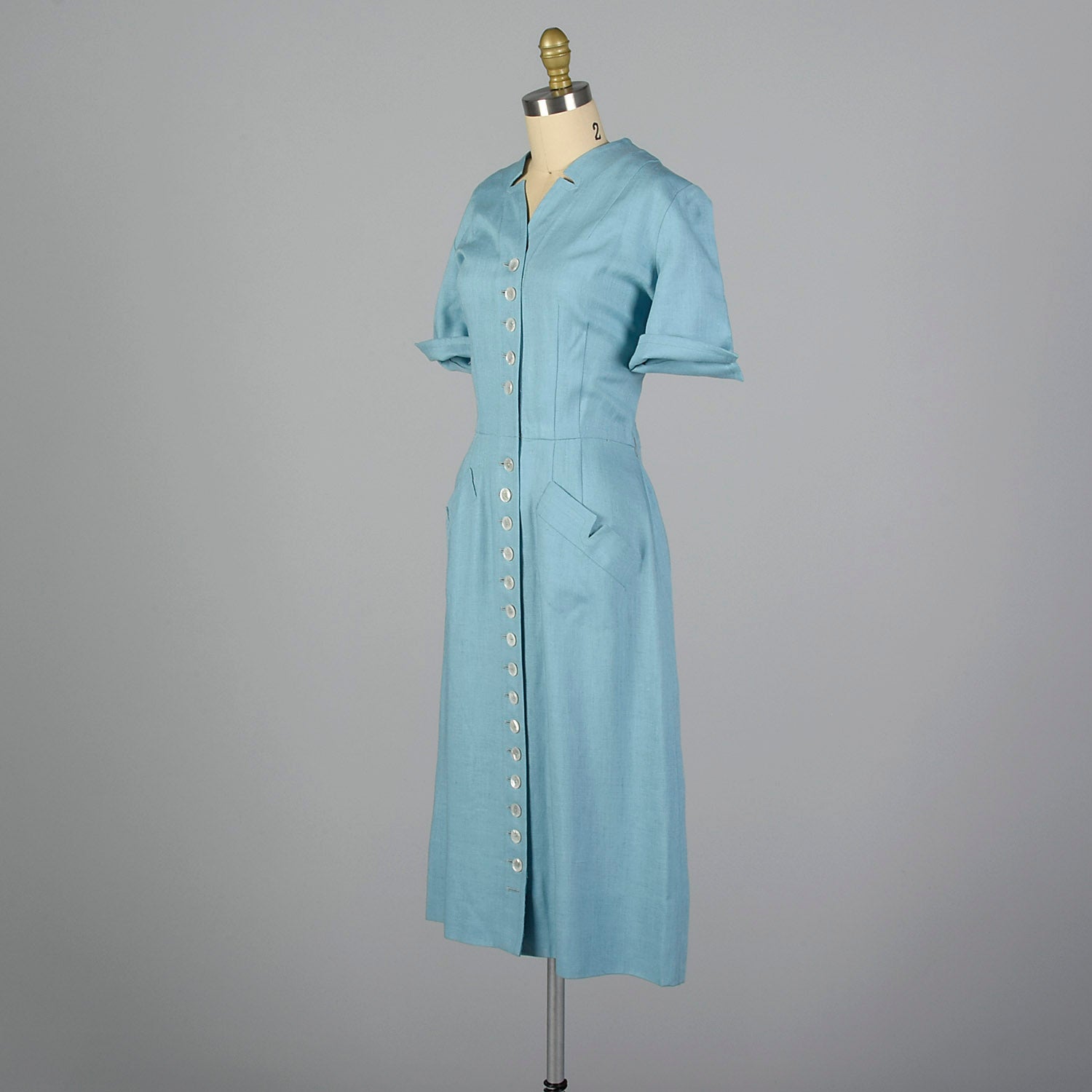 Medium 1940s Linen Day Dress with Button Front