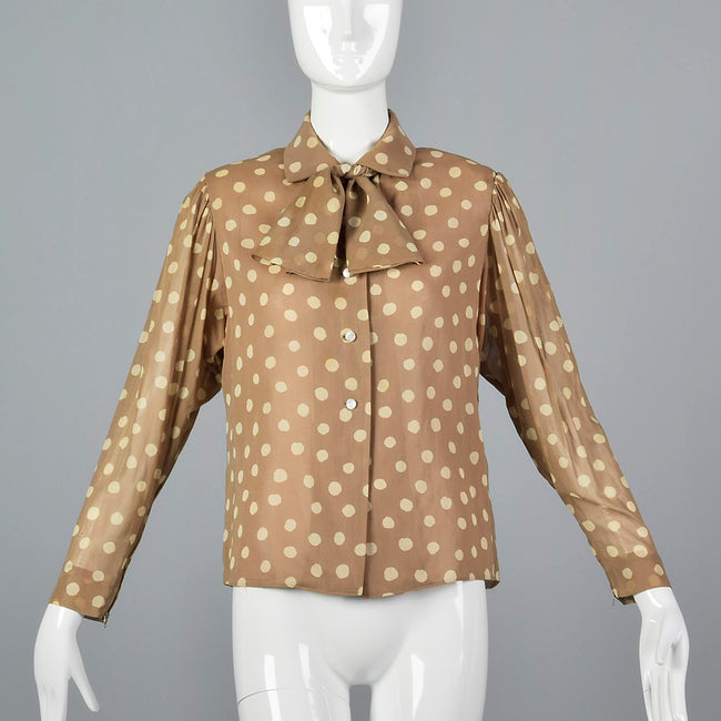 Medium 1970s Pauline Trigere Tan Polka Dot Blouse