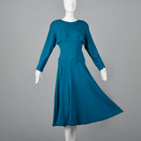 1980s Teal Wool Midi Dress