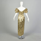 XS 1980s Mike Benet Gold Prom Dress Lamé Evening Gown Metallic Formal