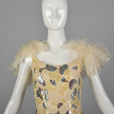 XS 1980s Sequin Formal Gown with Feather Trim