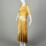 XL 1930s Sheer Silk Dress Floral Print Orange Yellow Volup Flowy Elegant Gown