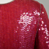 Small 1990s Silk Pink Silver Red Cocktail Dress Loose Fitting Sequin Beaded Evening Chemise