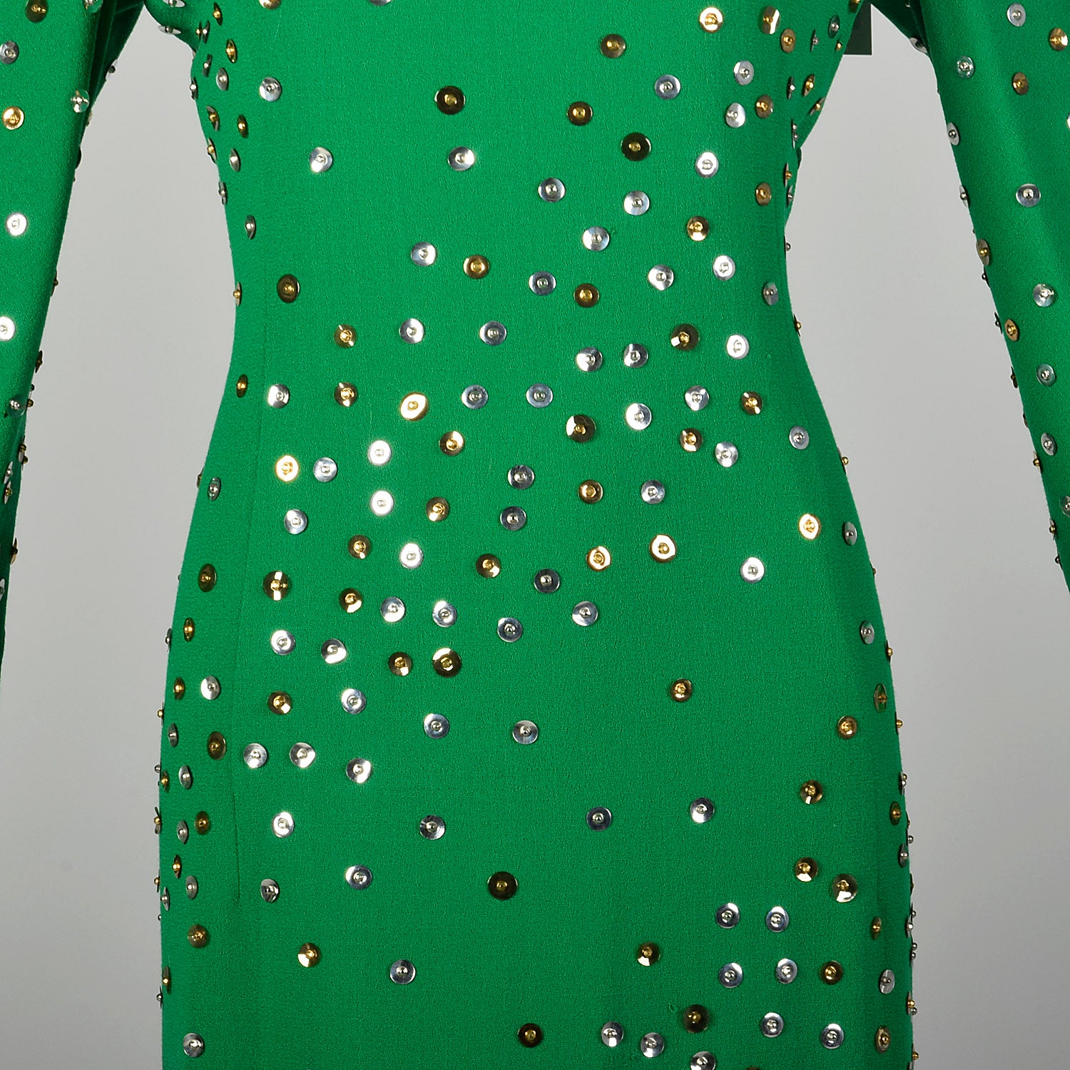 Large 1970s Pauline Trigere Dress Green Long Sleeve Formal Evening Gown Sequin