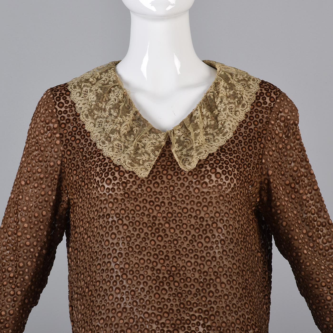 1920s Brown Silk Dress with Lace Trim