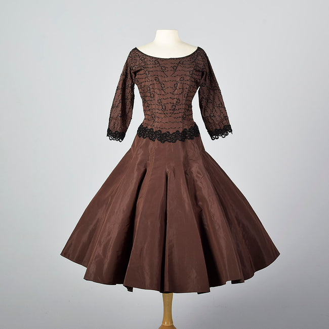 1950s Brown Taffeta Dress with Black Beading