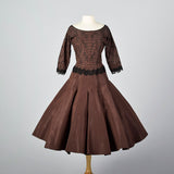1950s Brown Taffeta Dress with Black Beading
