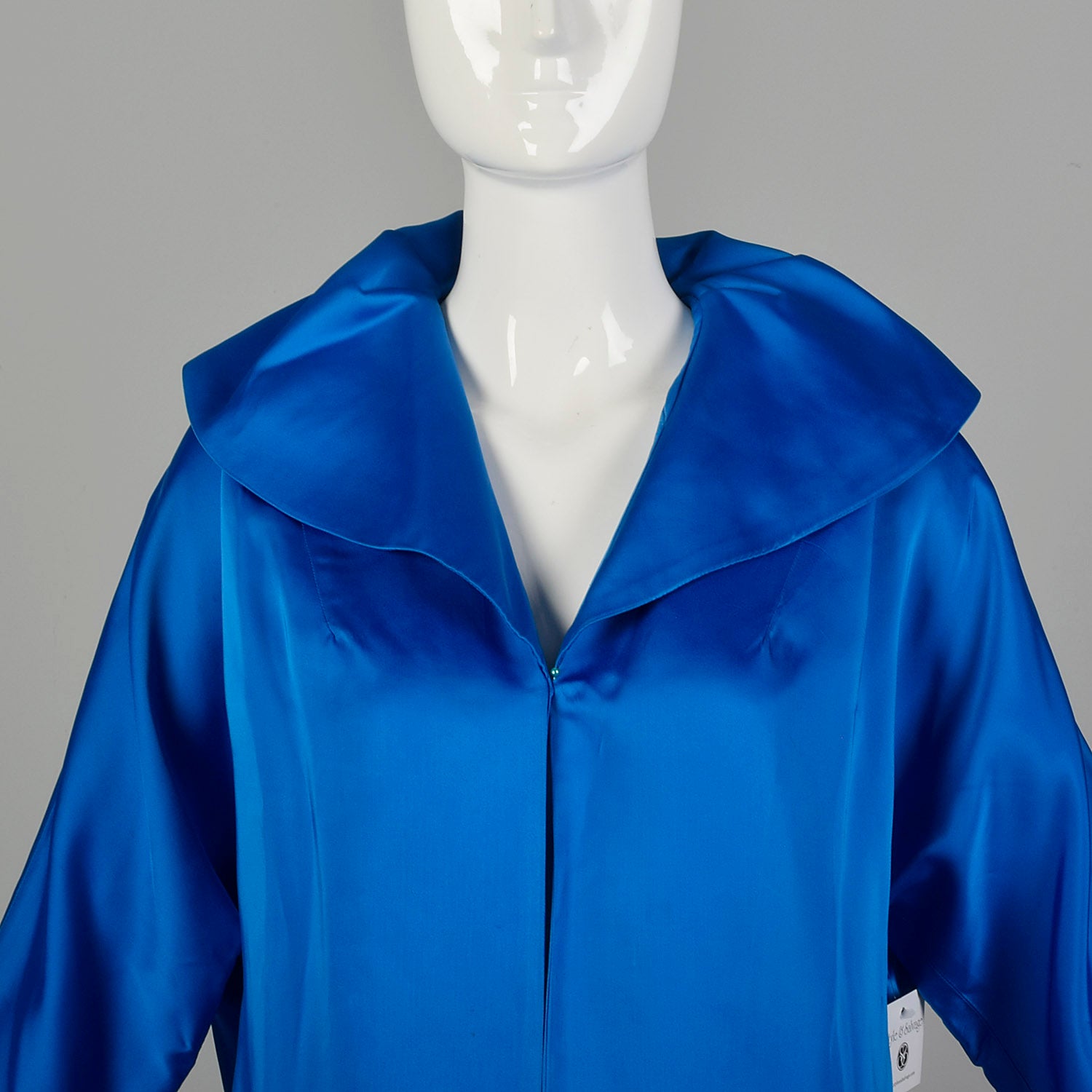 Small 1950s Clutch Coat Blue Satin Bracelet Cuff Wide Collar Batwing Sleeves