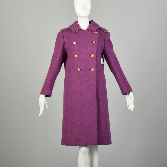 Small 1960s Coat Purple Mod Double Breasted Military Wool Winter Outerwear