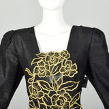 Medium 1980s Black Silk Dress Gold Beaded Appliqué Cocktail Peplum