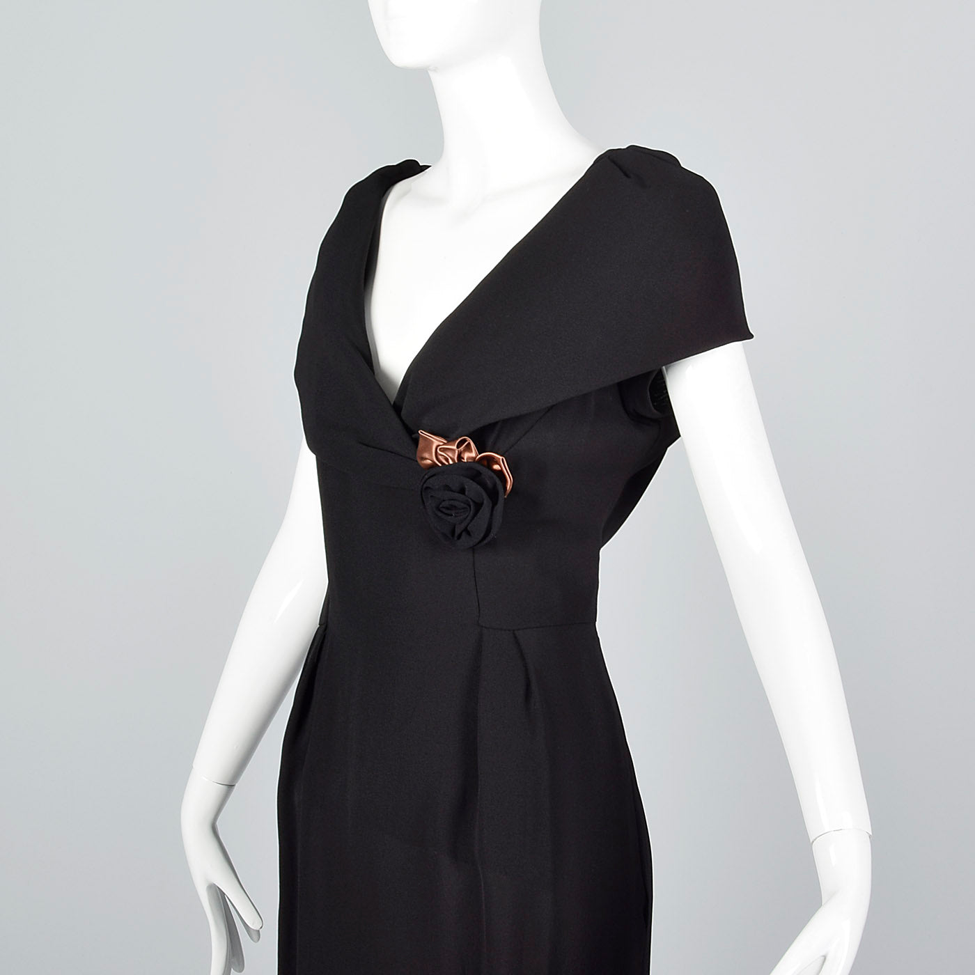 1950s Black Dress with Shawl Collar and Low Cut Front