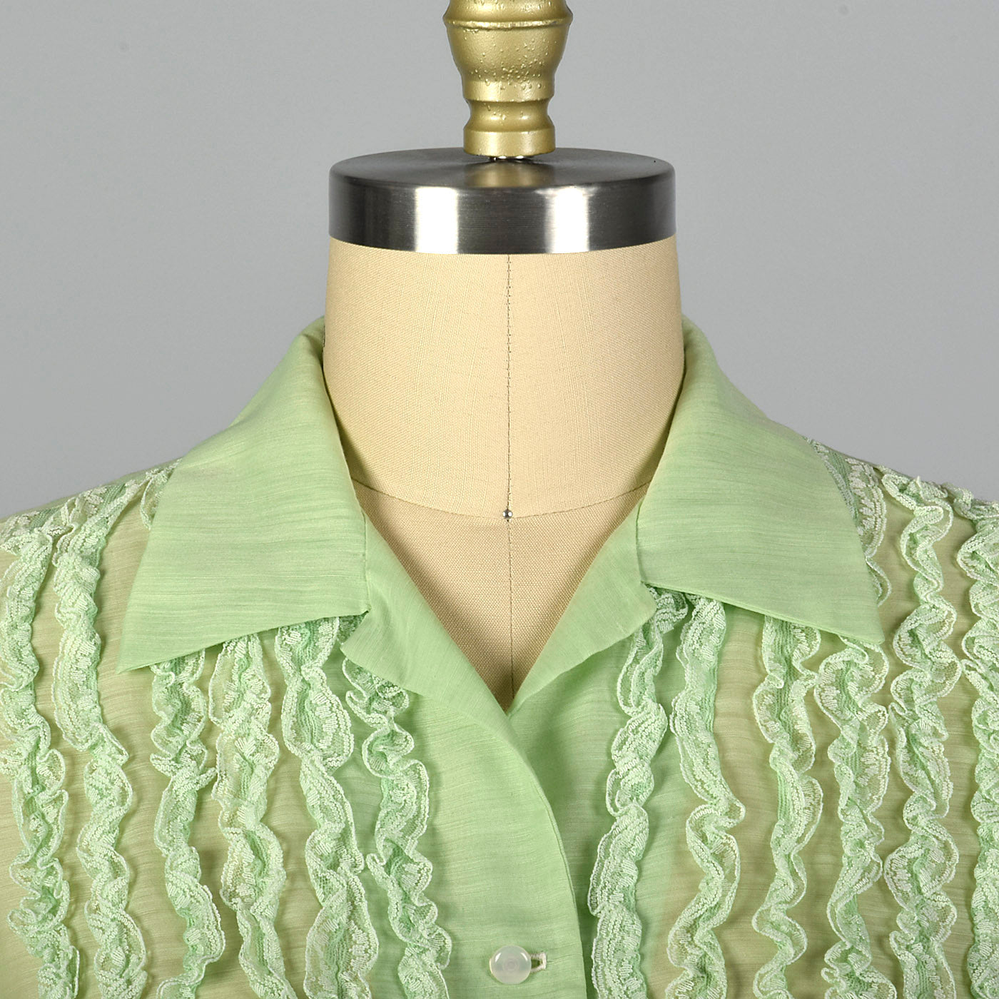 1950s Sheer Green Dress with Ruffle Bodice