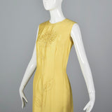 1960s Yellow Silk Shift Dress with Flower Applique