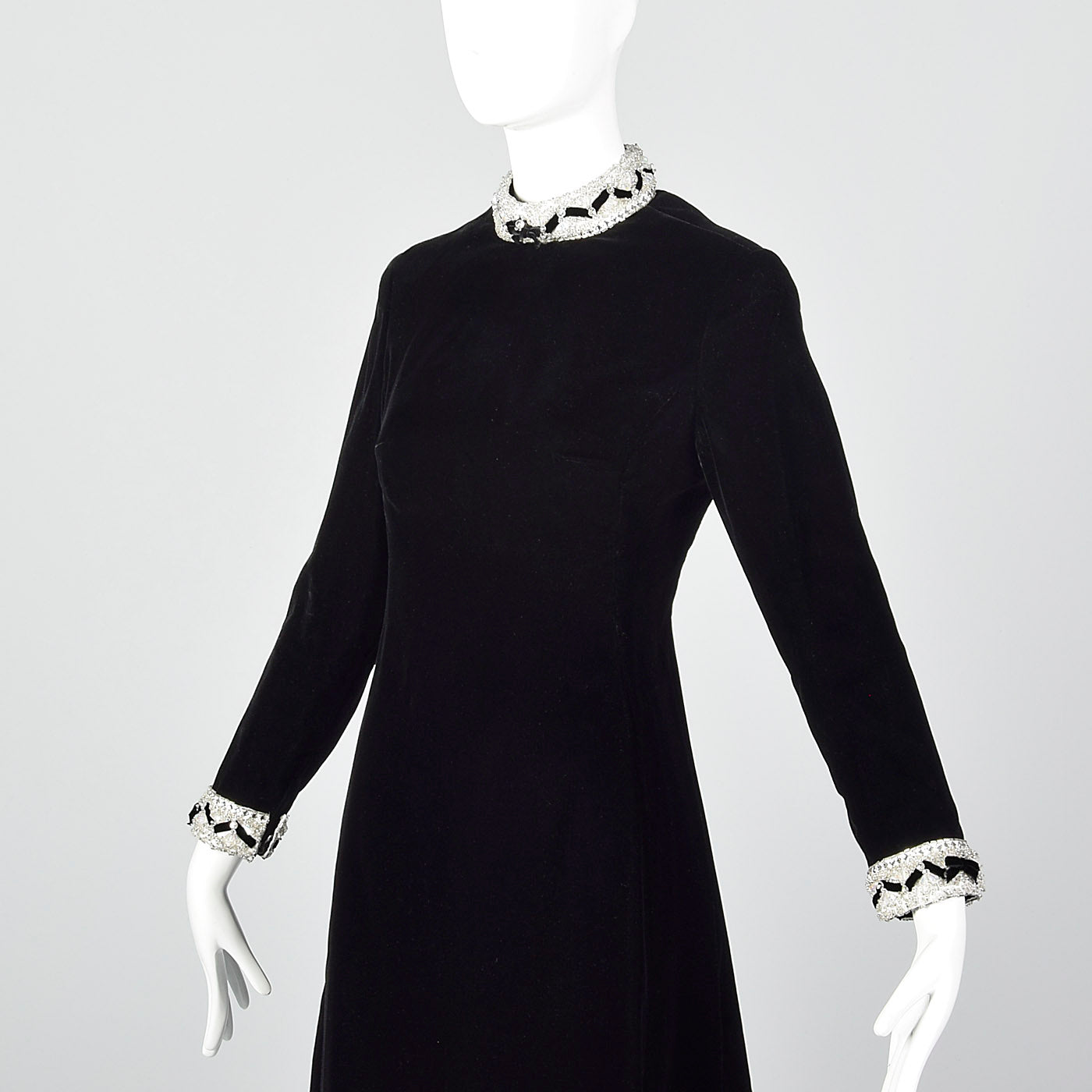 1960s Black Velvet Dress with Beaded Trim