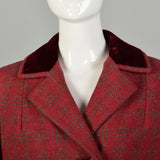 Medium 1960s Coat Red Tweed Wool Plaid Winter Jacket Velvet Collar