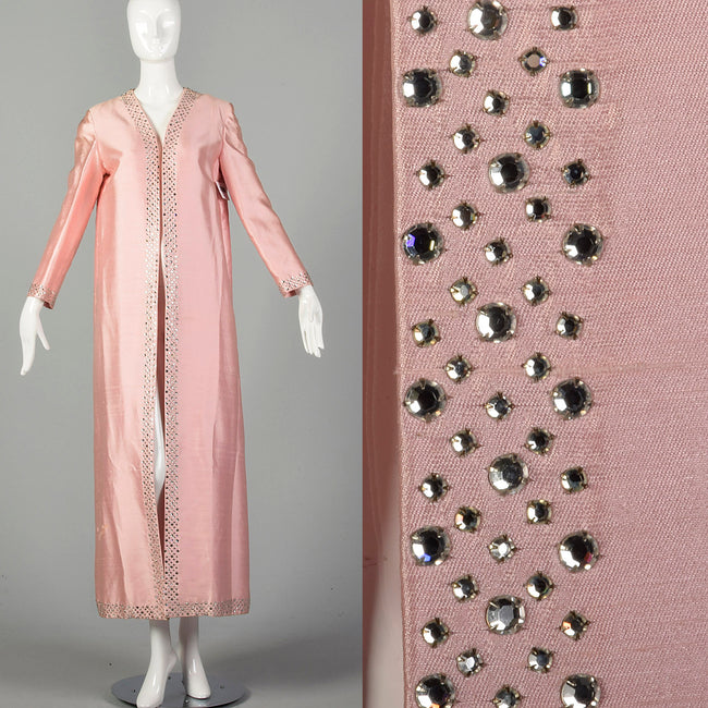 Medium 1960s Full Length Formal Pink Opera Coat with Rhinestone Trim