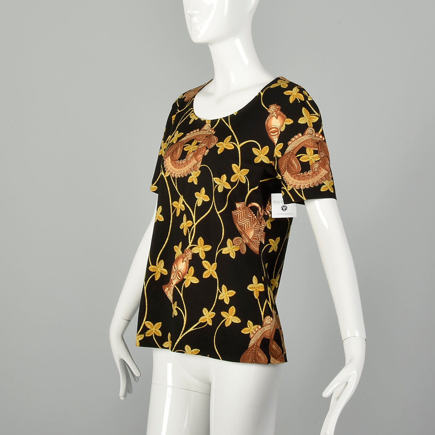 Escada Novelty Gold Ethnic Print T Shirt Black Short Sleeve Top