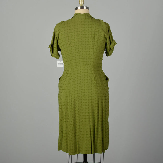 XL 1950s Green Rayon Day Dress Casual Short Sleeve