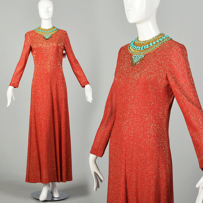 Adele Simpson Evening Gown Formal Dress Metallic Red Lurex Long Sleeve