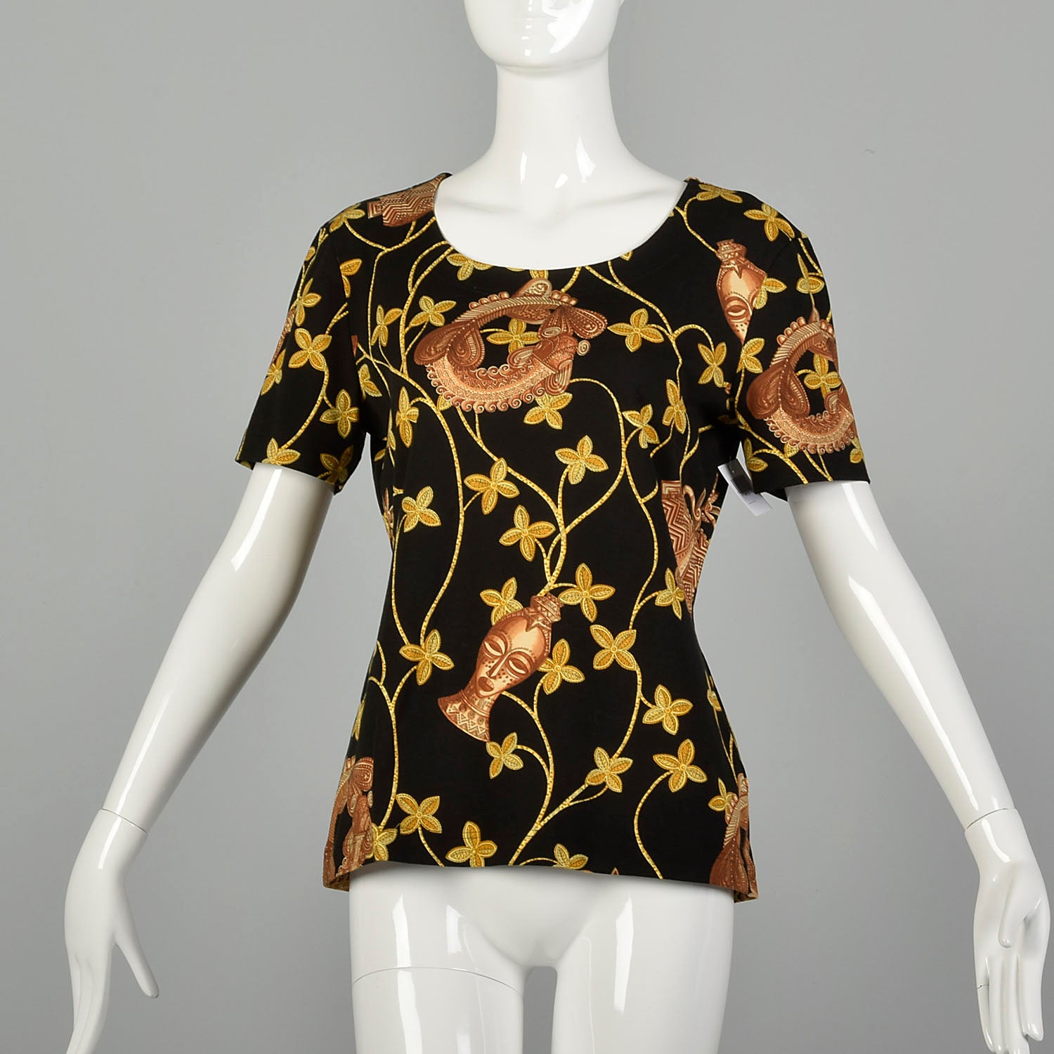 Escada Novelty Gold Ethnic Print T Shirt Black Short Sleeve Top