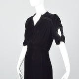 Large 1940s Black Velvet Dress with Open Sleeve Detail