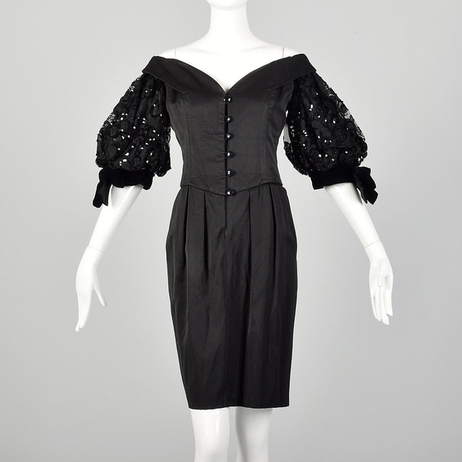 1980s Belleville  Sassoon Off Shoulder Black Cocktail Dress