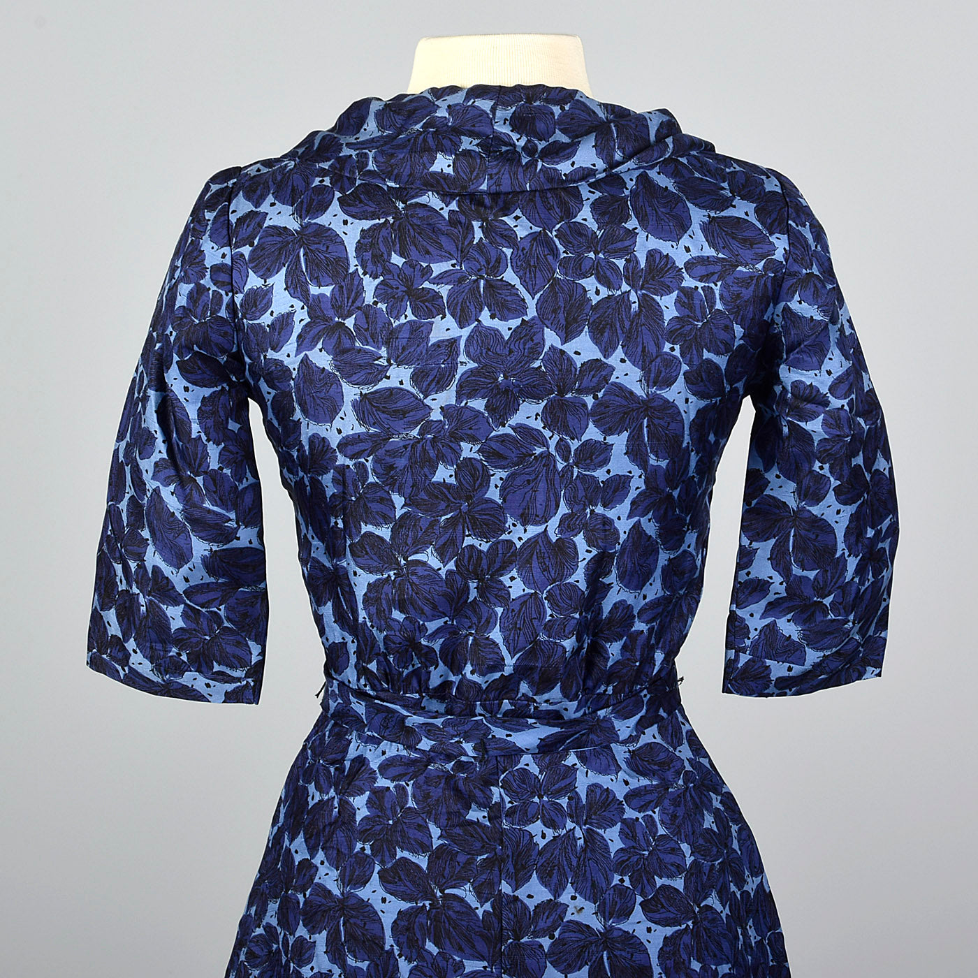 1950s Blue Floral Print Silk Dress