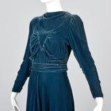 1930s Blue Velvet Gown with Gathered Bodice