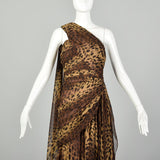 Small 1990s Tadashi Animal Print Dress Brown One Shoulder Asymmetric Hem