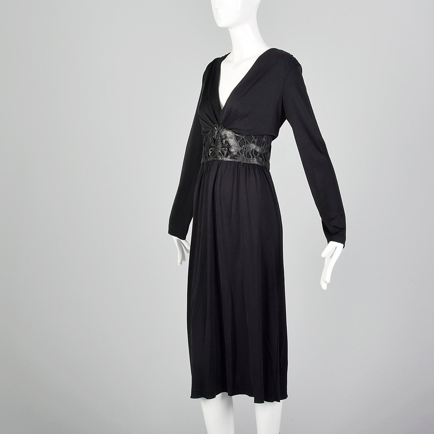 Large Cacharel Black Silk Jersey Dress with Vegan Leather Waist Band