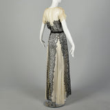XS 1930s Old Hollywood Silk Gown Lace Black Ivory Panels Summer Sheer Flowy Sweeping Gown