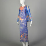 Small 1980s Hanae Mori Dress Blue Woodland Print Lightweight Silk