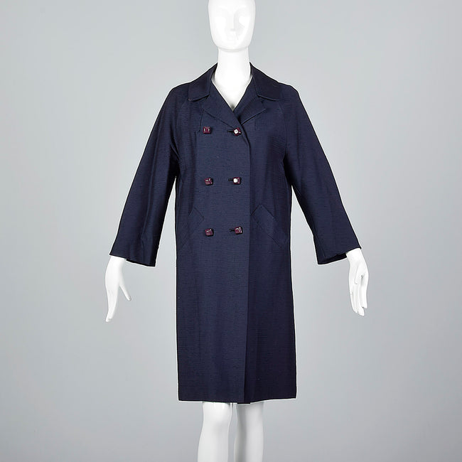 1960s Navy Blue Coat with Ribbon Stripe Taffeta Lining
