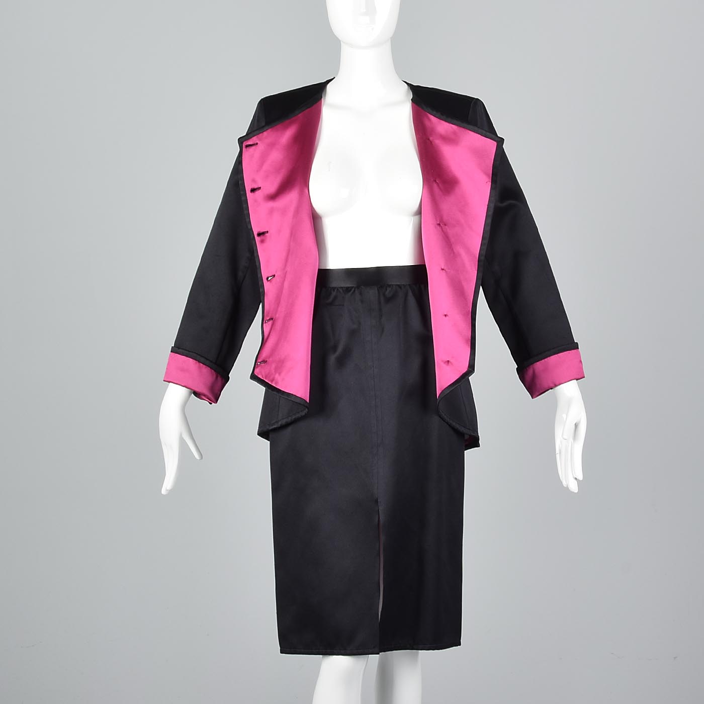 Yves Saint Laurent Rive Gauche Black Satin Satin Skirt Suit with