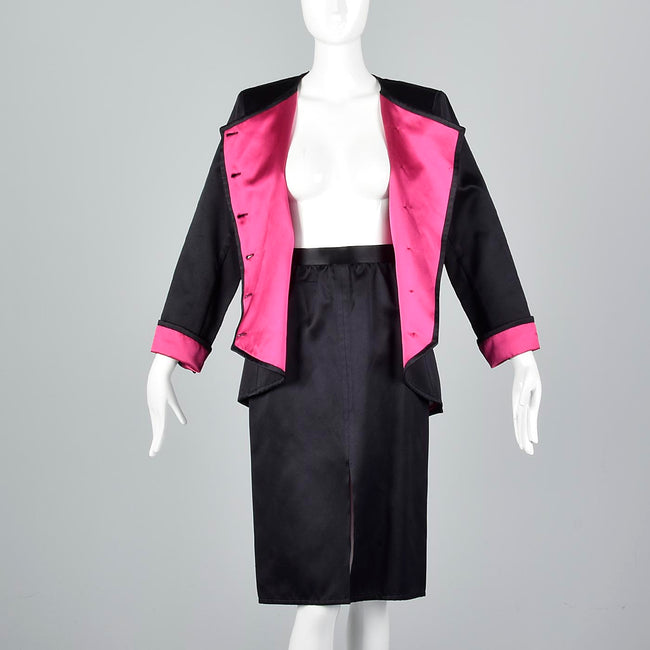 Yves Saint Laurent Rive Gauche Black Satin Satin Skirt Suit with Hot Pink Lining