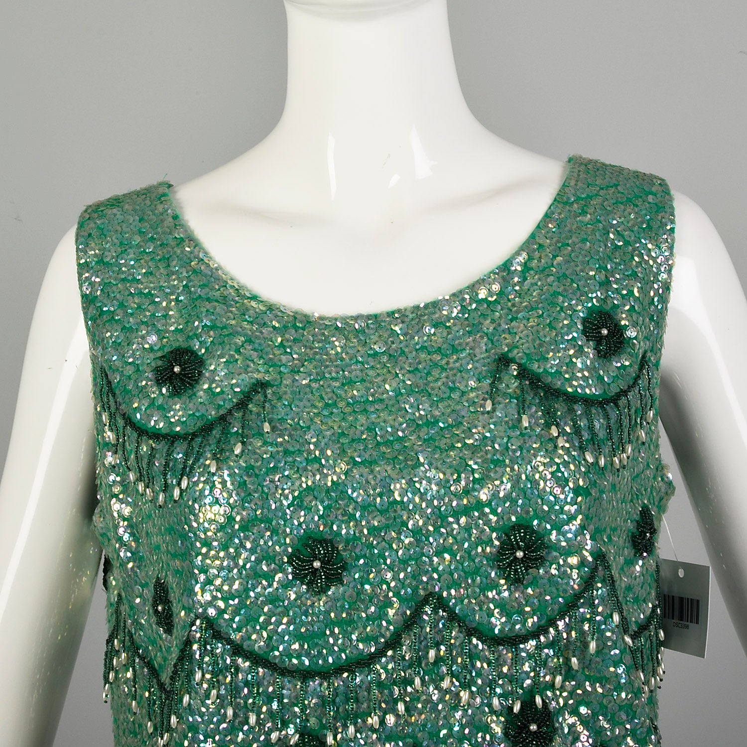 Medium 1960s Top Sleeveless Sequin Green Beaded Cocktail Evening Shirt