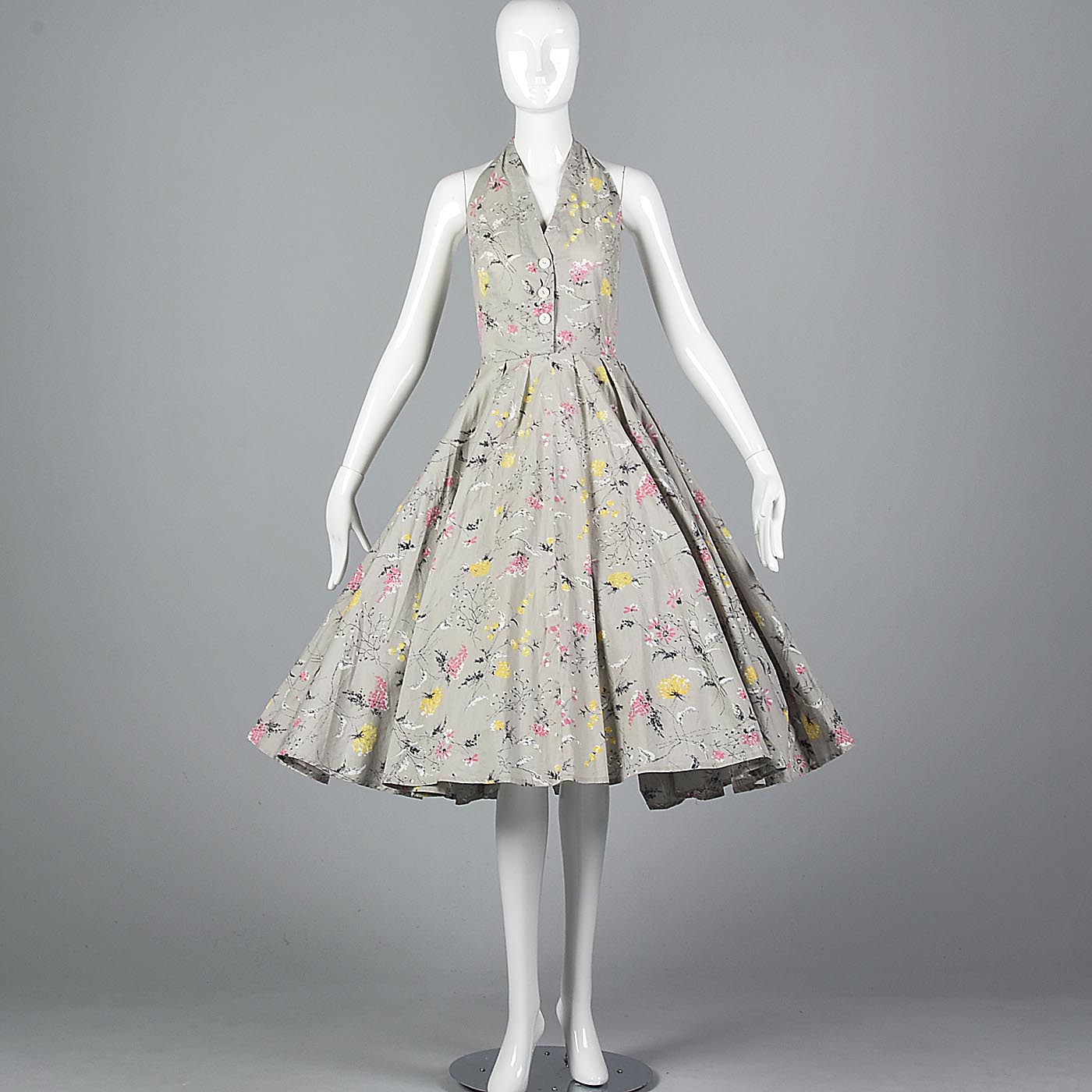 1950s Gray Floral Print Halter Dress with Full Circle Skirt
