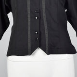 1980s Black Wool Blouse with Floral Trim
