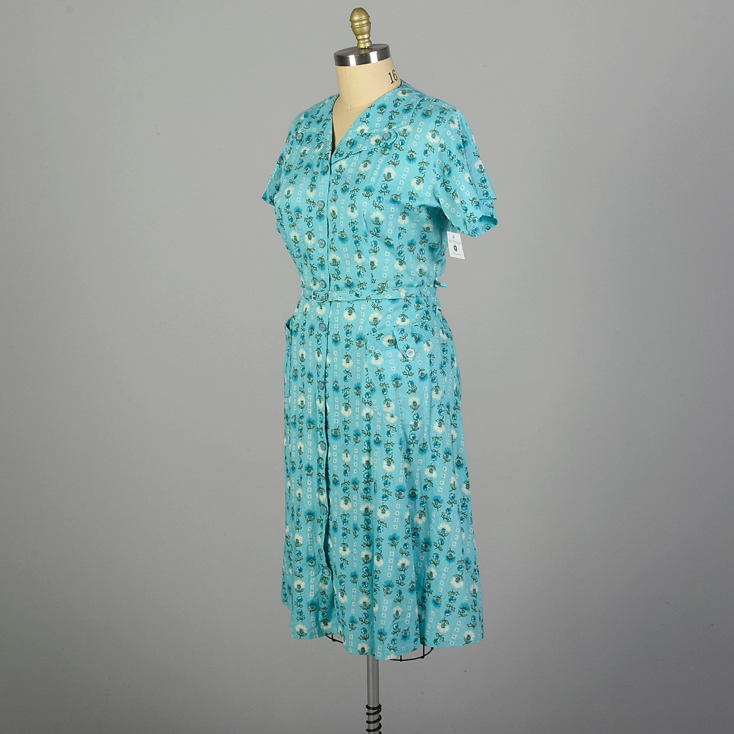 3XL 1950s Day Dress Blue Cotton Summer Novelty Print Volup Short Sleeve Casual