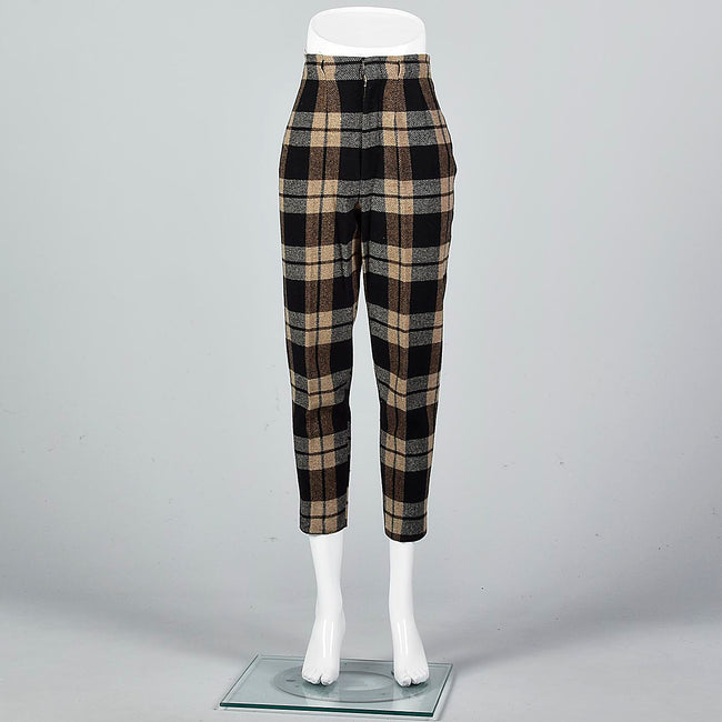 1960s Wool Cigarette Pants in Black and Brown Plaid