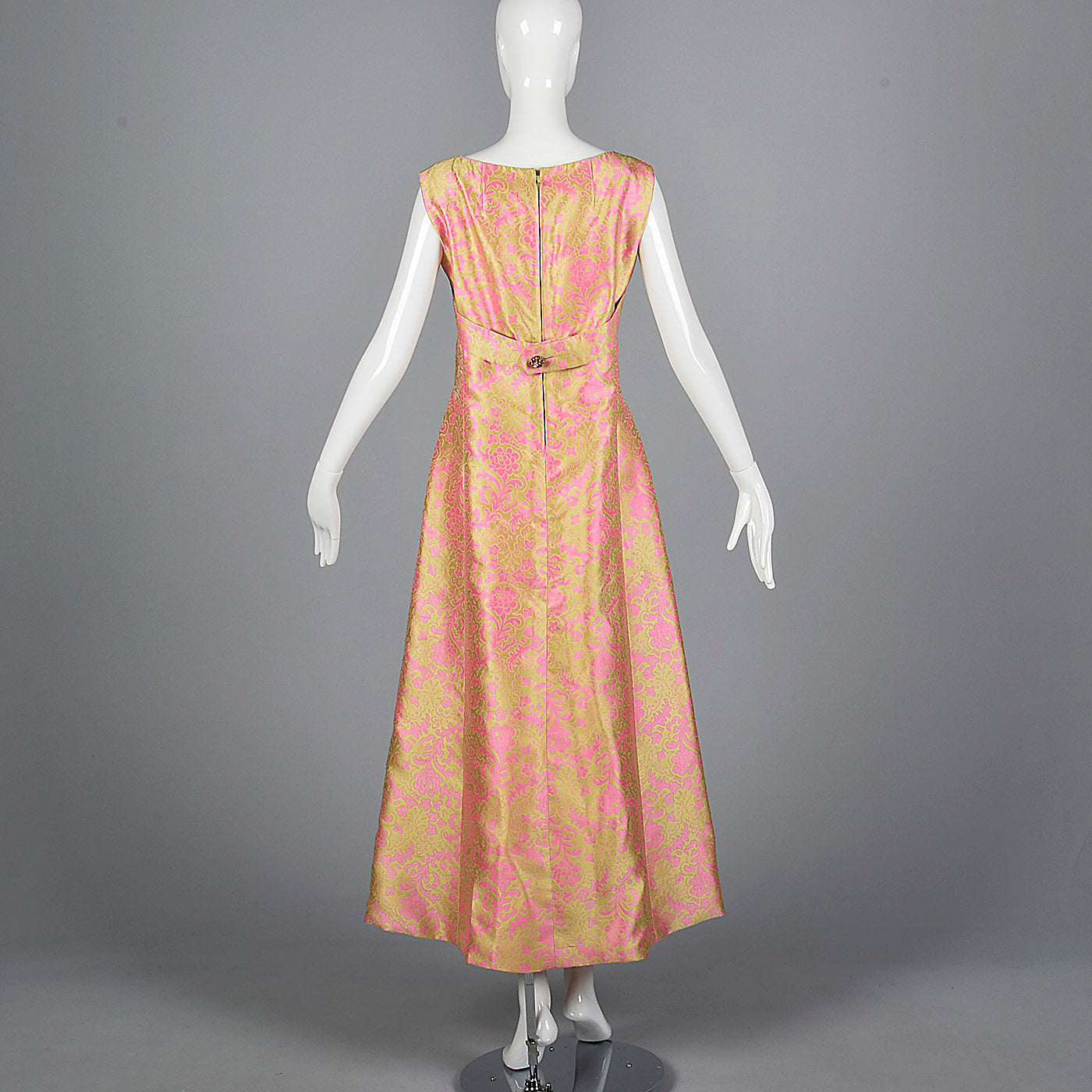 1960s Malcolm Starr Sleeveless Maxi Dress in Pink and Chartreuse Psychedelic Brocade