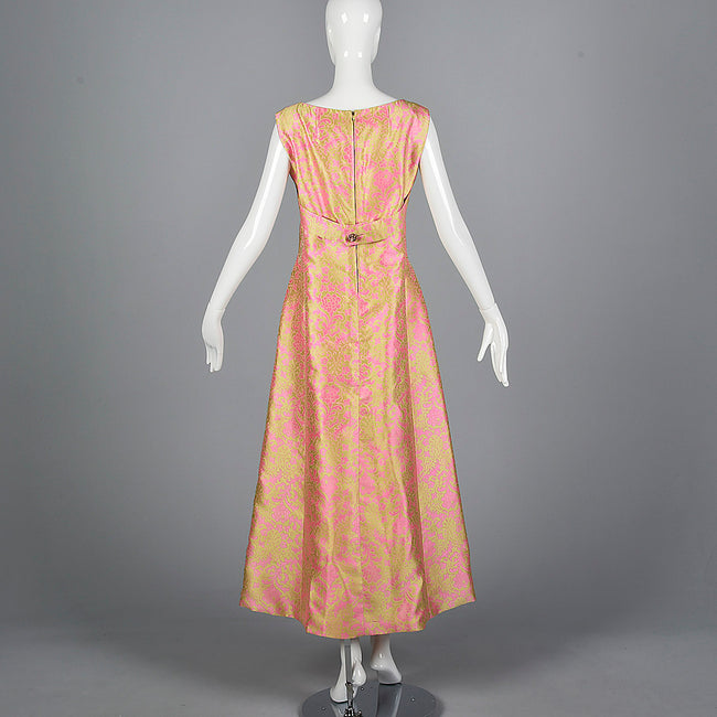 1960s Malcolm Starr Sleeveless Maxi Dress in Pink and Chartreuse Psychedelic Brocade