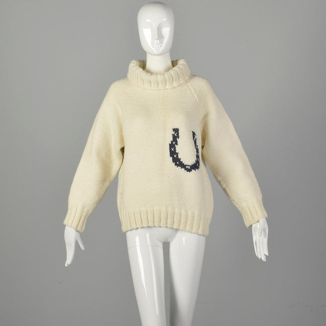 Medium 1960s Cream Knit Novelty Horse Sweater