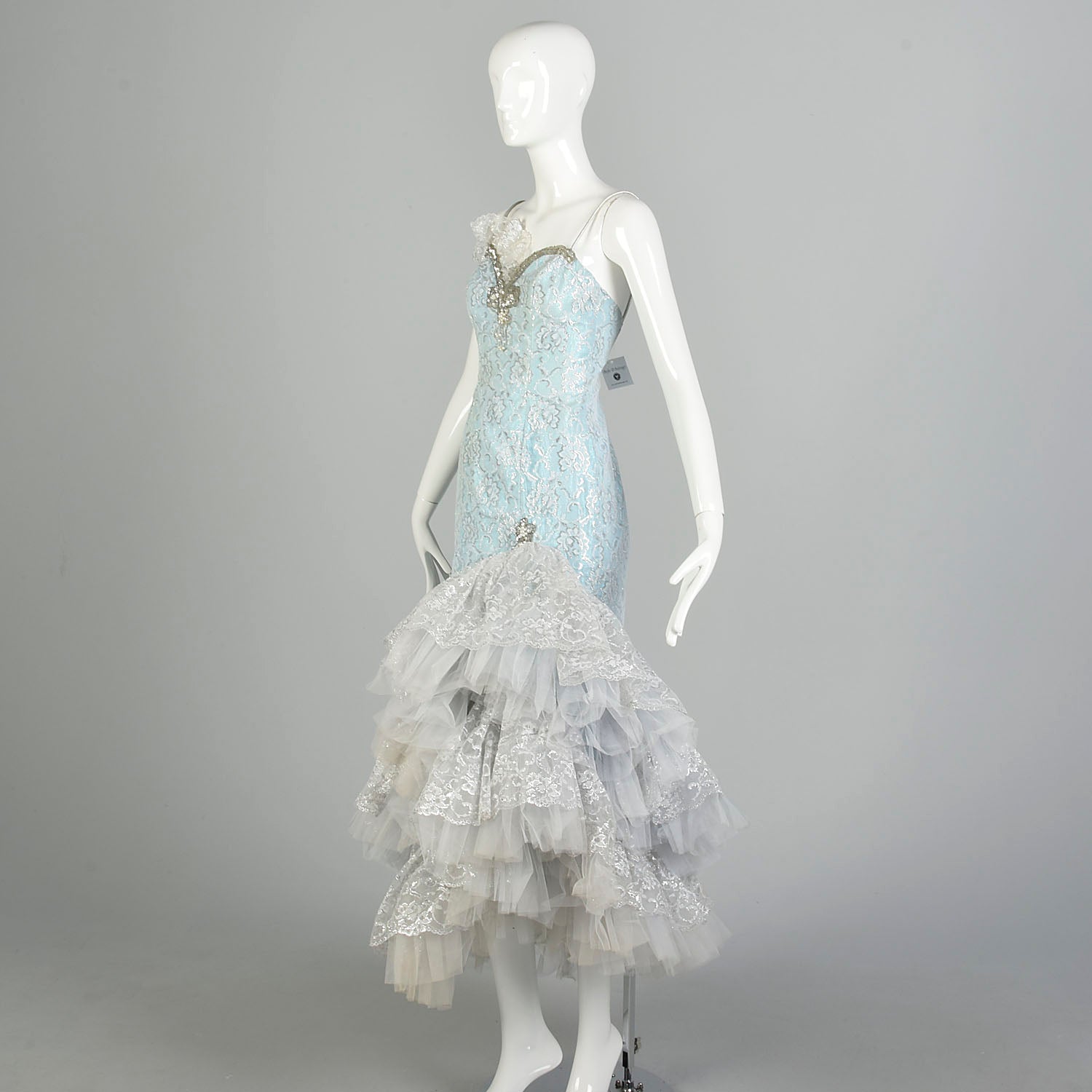Small 1980s Blue Silver Sleeveless Layered Lace Asymmetric Calypso Mermaid Prom Dress