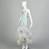 Small 1980s Blue Silver Sleeveless Layered Lace Asymmetric Calypso Mermaid Prom Dress