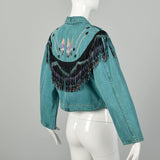 Medium Denim Jacket 1980s Bolero Fringe Jean Teal Southwestern