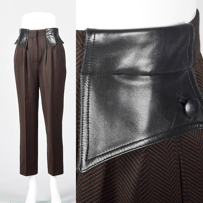 1980 Brown and Black Herringbone Pants with Leather Trim