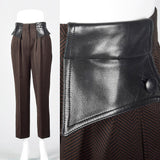 1980 Brown and Black Herringbone Pants with Leather Trim