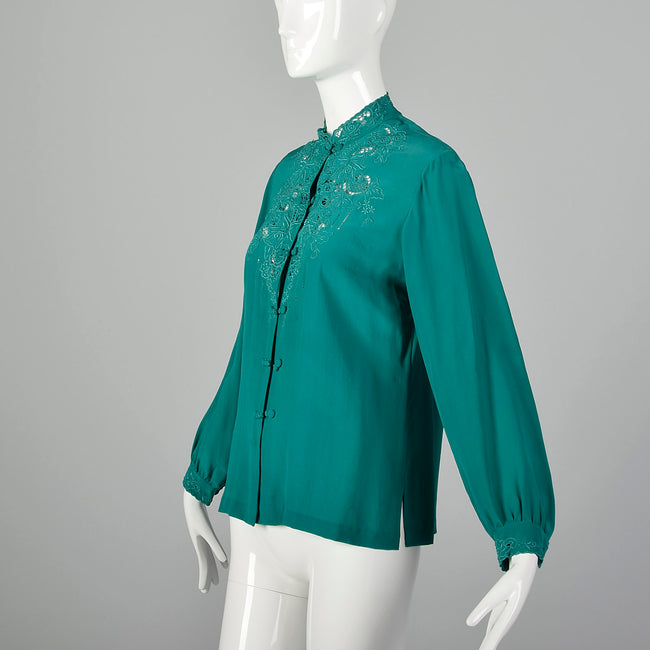 Medium 1960s Kelly Green Silk Blouse