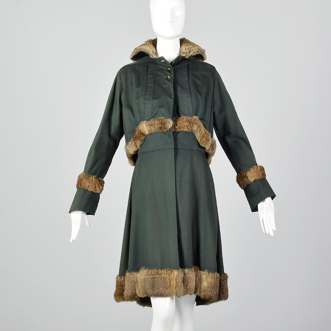 XS 1910s Green Wool Coat with Rabbit Fur Trim